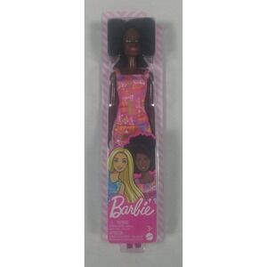 NEW RARE African American BARBIE Afro Doll Pink Logo Print Dress w Sandals GBK92